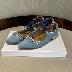Beautiful Aquazzura Crystal Jean Lace up Ballet Flat